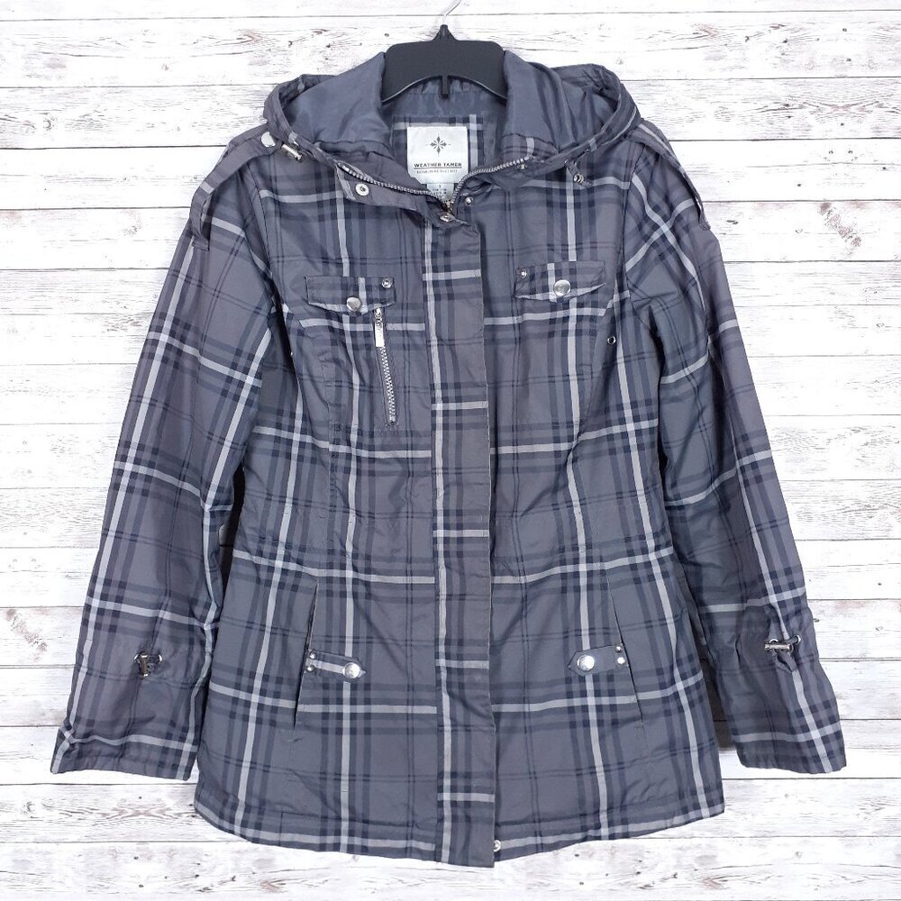 Weather Tamer Womens Anorak Jacket S Gray Plaid Lined Hooded CL